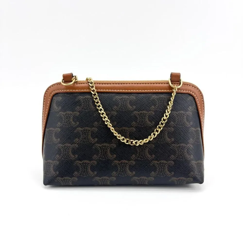 Celine Triomphe Canvas Chain Clutch Tan